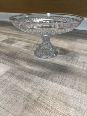 Vintage Clear Pressed Glass Pedestal Compote Bowl Diamond Thumbprint Pattern